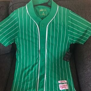 Green and white striped jersey style shirt
